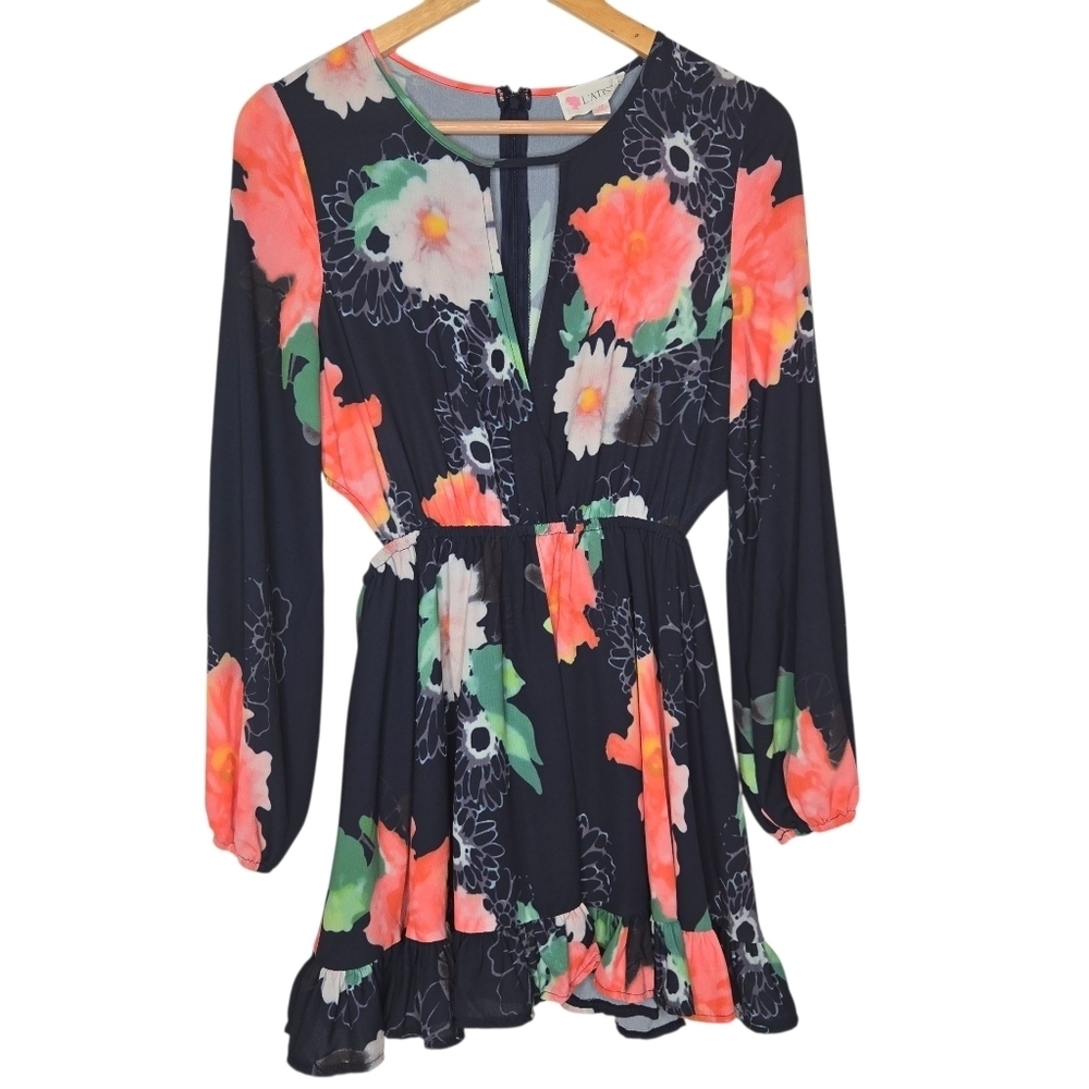 L'atiste Womens Tropical Floral Print Cut Out Ruffled Romper Medium